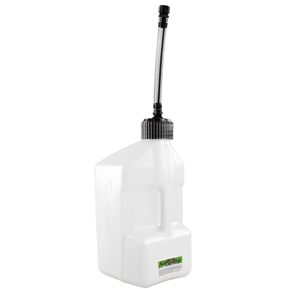 5 gal/20 Litre White Tuff Jug w/White Standard Cap/Clear Flexible auto shut off spout